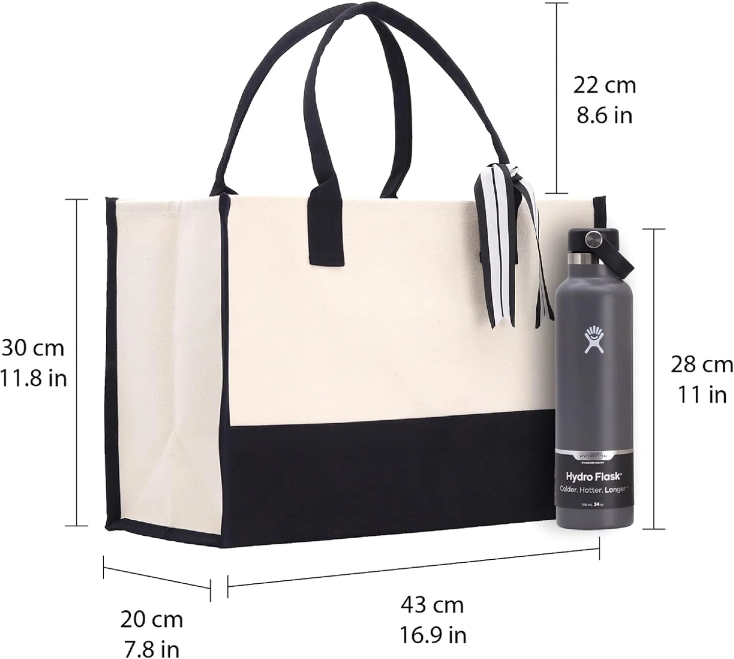 VANESSA ROSELLA Personalized Gift Monogram Initial 100% Cotton Two Tone Chic Tote Bag with Customize Option - Black