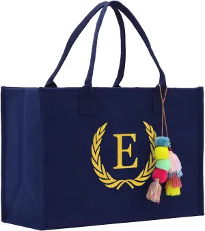 VANESSA ROSELLA Premium Quality Personalized Gift Monogram Initial 100% Cotton Chic Tote Bag for Women - Navy