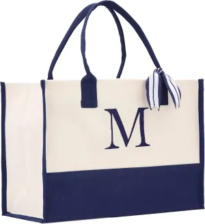 VANESSA ROSELLA Premium Quality Personalized Gift Monogram Initial 100% Cotton Chic Tote Bag with Customize Option - Navy