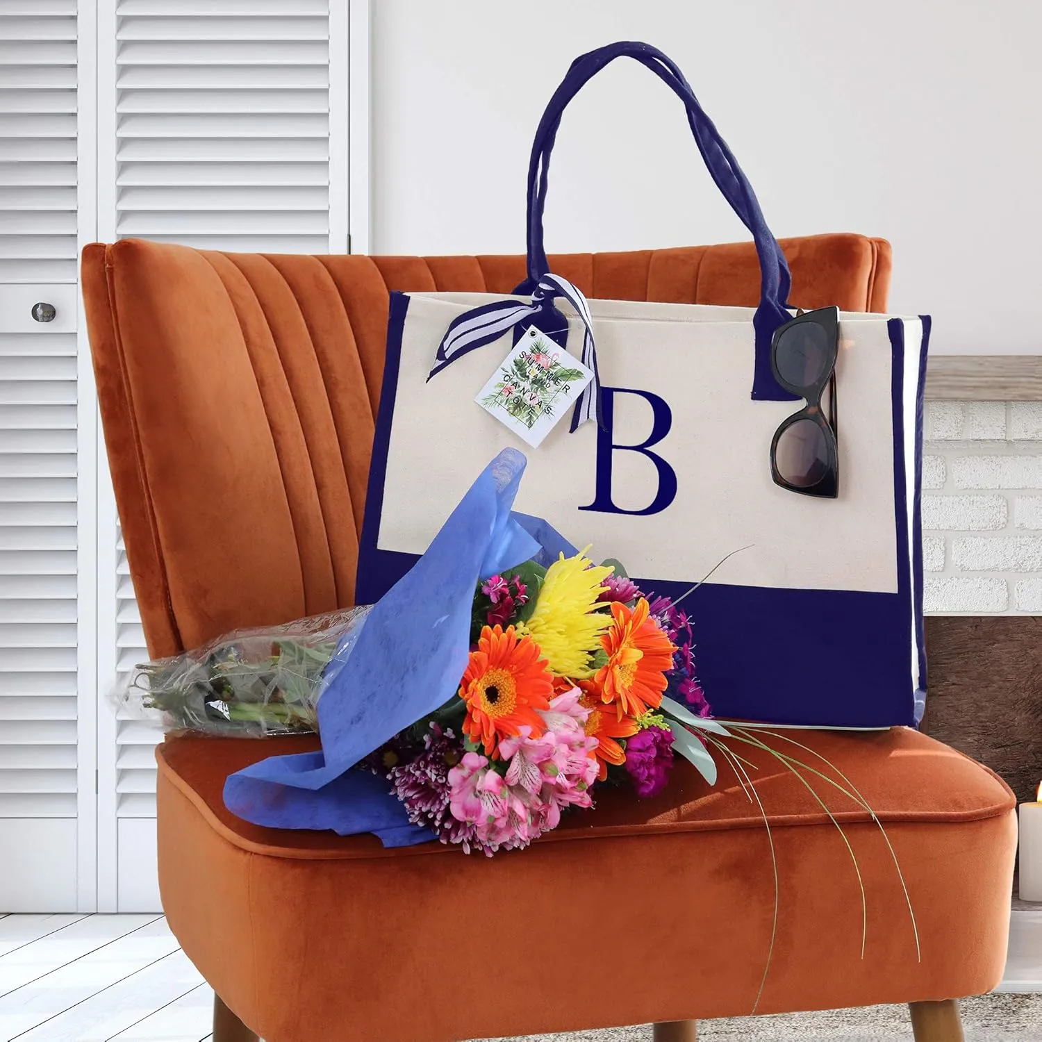 VANESSA ROSELLA Premium Quality Personalized Gift Monogram Initial 100% Cotton Chic Tote Bag with Customize Option - Navy