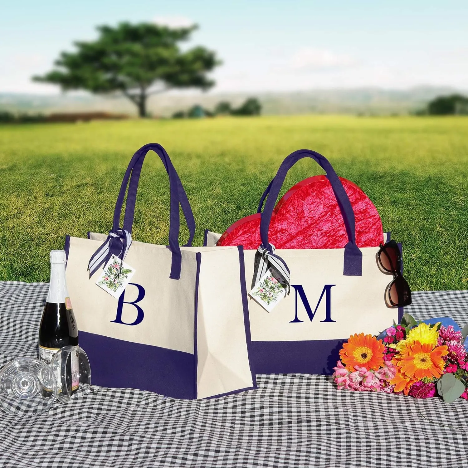 VANESSA ROSELLA Premium Quality Personalized Gift Monogram Initial 100% Cotton Chic Tote Bag with Customize Option - Navy