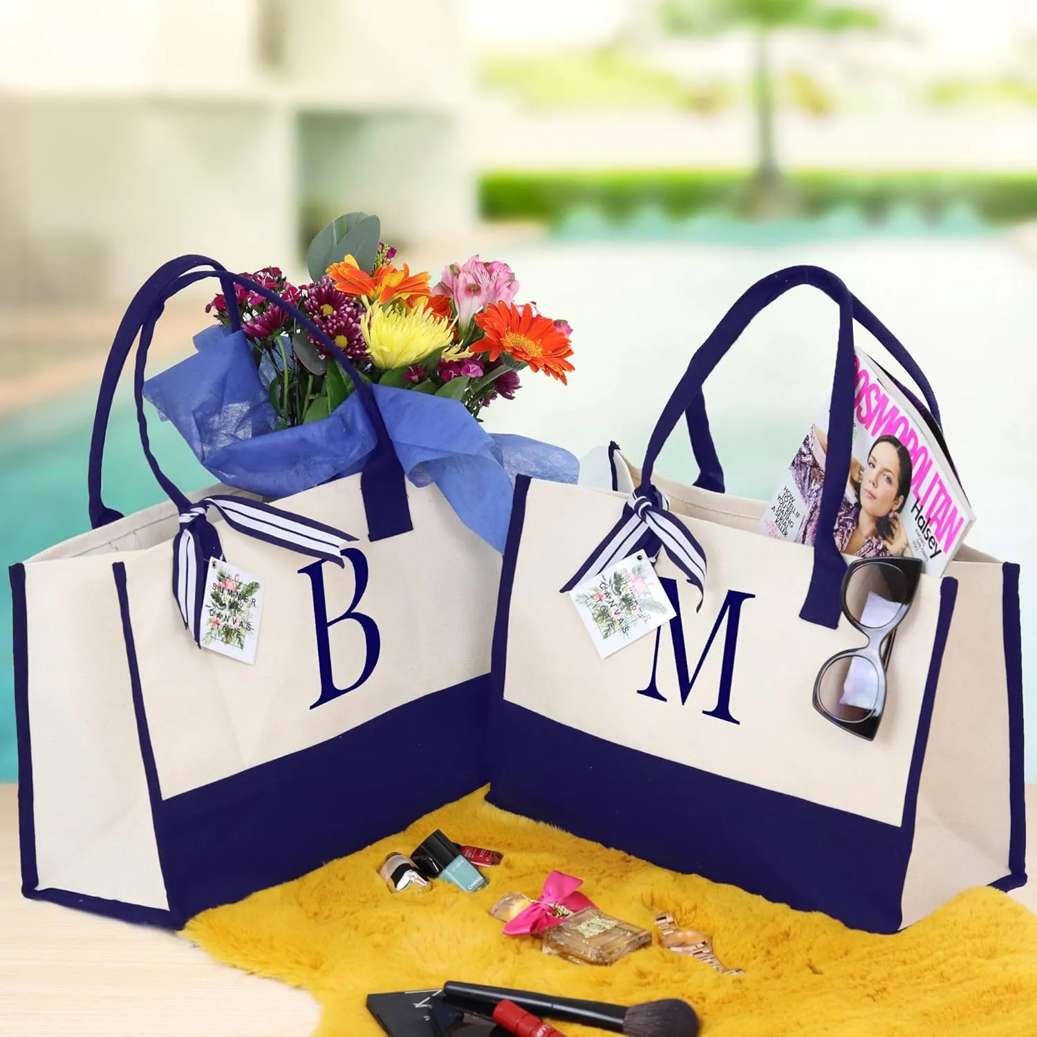 VANESSA ROSELLA Premium Quality Personalized Gift Monogram Initial 100% Cotton Chic Tote Bag with Customize Option - Navy