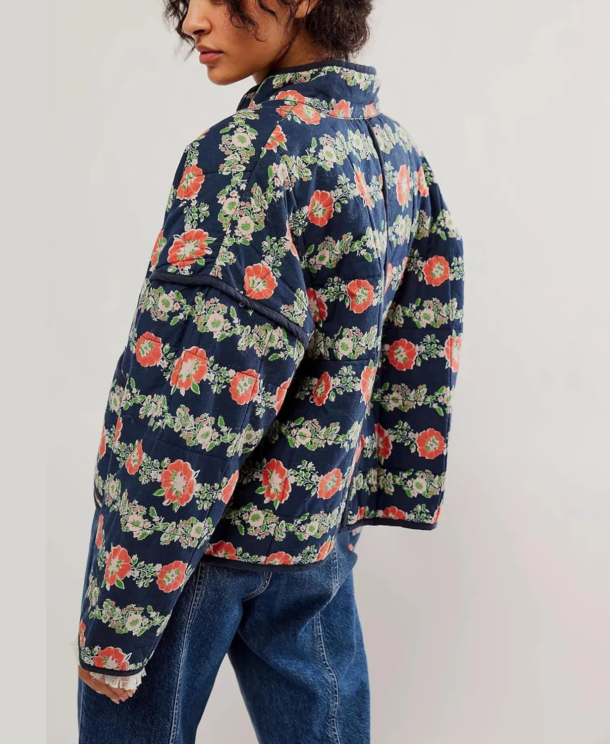 VAOYIU Women's Cropped Puffer Jacket Vintage Cardigan Floral Printed Lightweight Open Front Padded Quilted Coats
