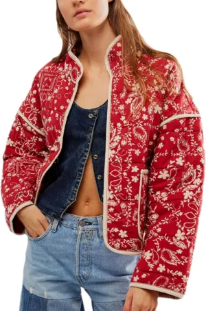 VAOYIU Women's Cropped Puffer Jacket Vintage Cardigan Floral Printed Lightweight Open Front Padded Quilted Coats