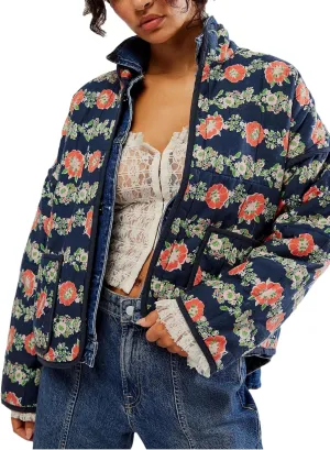 VAOYIU Women's Cropped Puffer Jacket Vintage Cardigan Floral Printed Lightweight Open Front Padded Quilted Coats