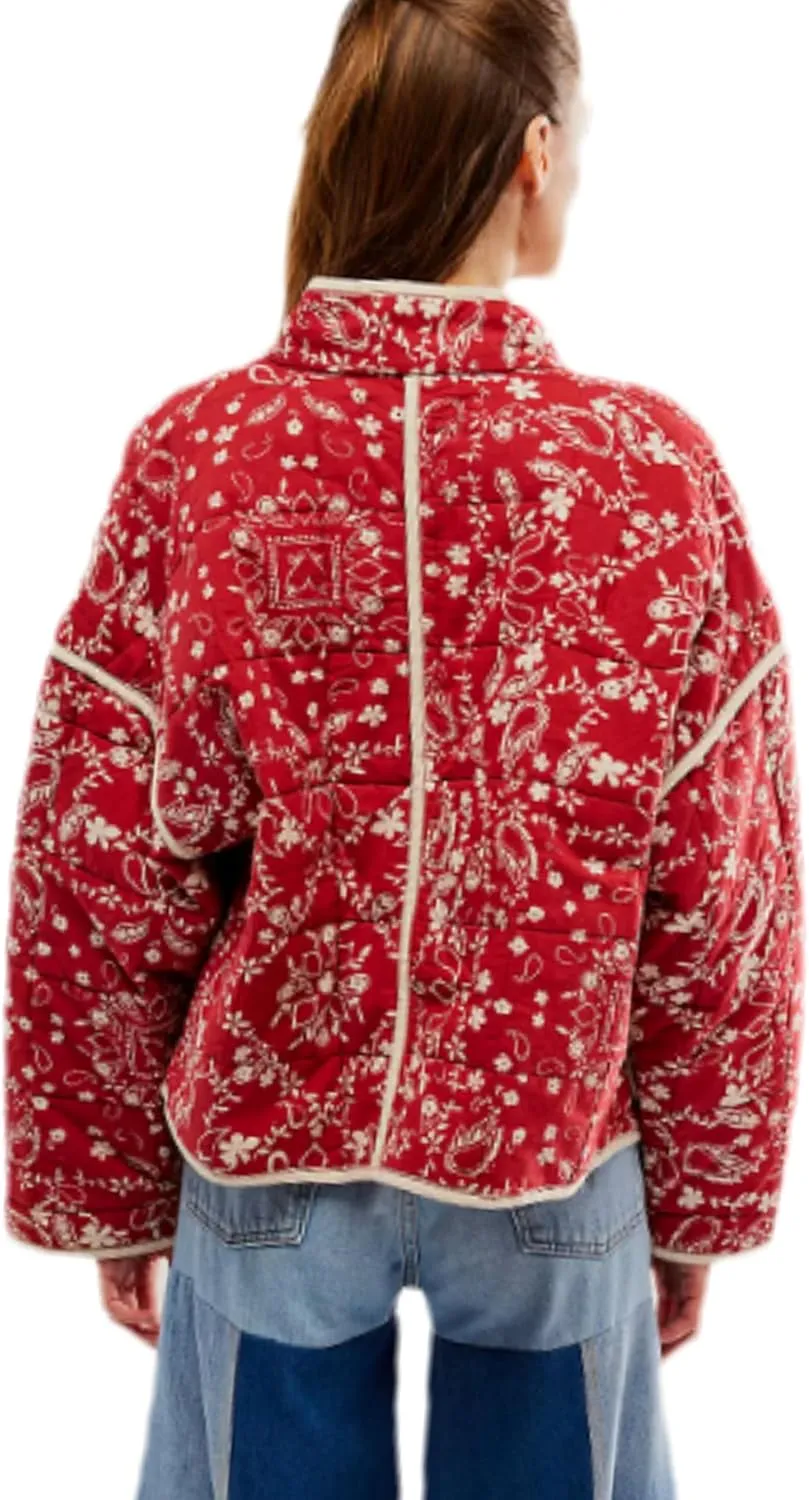 VAOYIU Women's Cropped Puffer Jacket Vintage Cardigan Floral Printed Lightweight Open Front Padded Quilted Coats