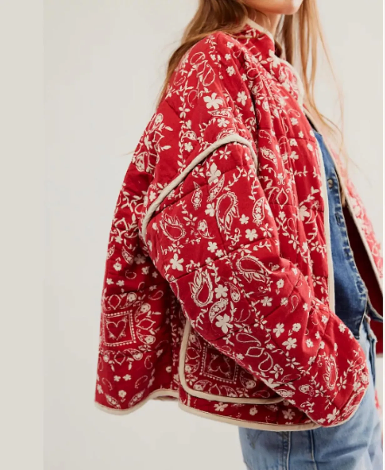 VAOYIU Women's Cropped Puffer Jacket Vintage Cardigan Floral Printed Lightweight Open Front Padded Quilted Coats