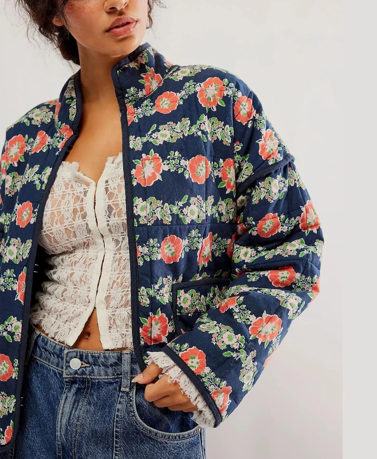 VAOYIU Women's Cropped Puffer Jacket Vintage Cardigan Floral Printed Lightweight Open Front Padded Quilted Coats