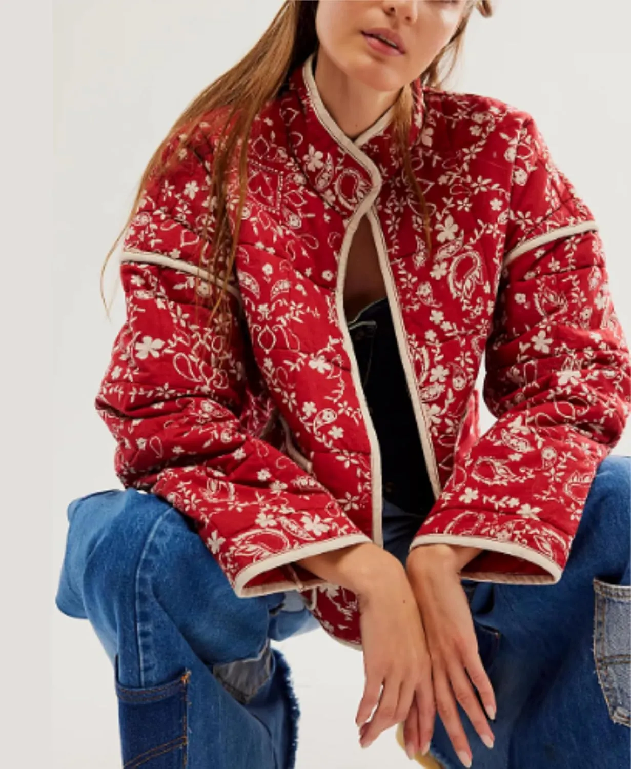 VAOYIU Women's Cropped Puffer Jacket Vintage Cardigan Floral Printed Lightweight Open Front Padded Quilted Coats