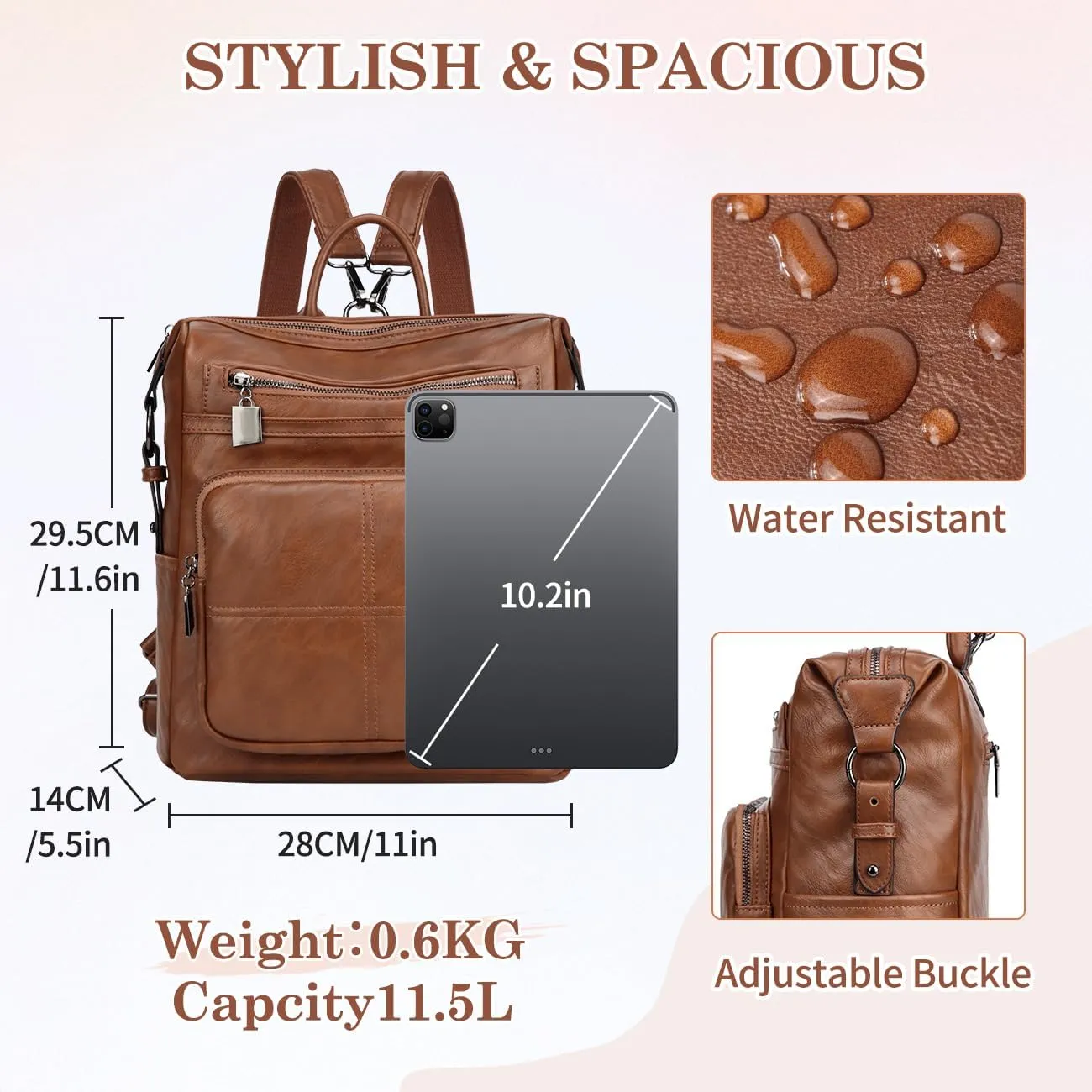 VASCHY Backpack Purse for Women,Fashion Convertible Vegan Leather Shoulder Bags Handbags for Work/Travel/Ladies/College Brown
