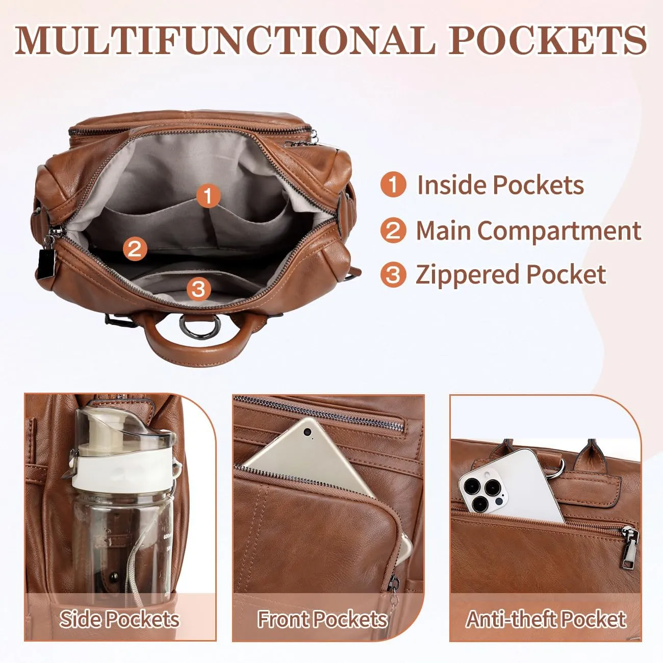 VASCHY Backpack Purse for Women,Fashion Convertible Vegan Leather Shoulder Bags Handbags for Work/Travel/Ladies/College Brown