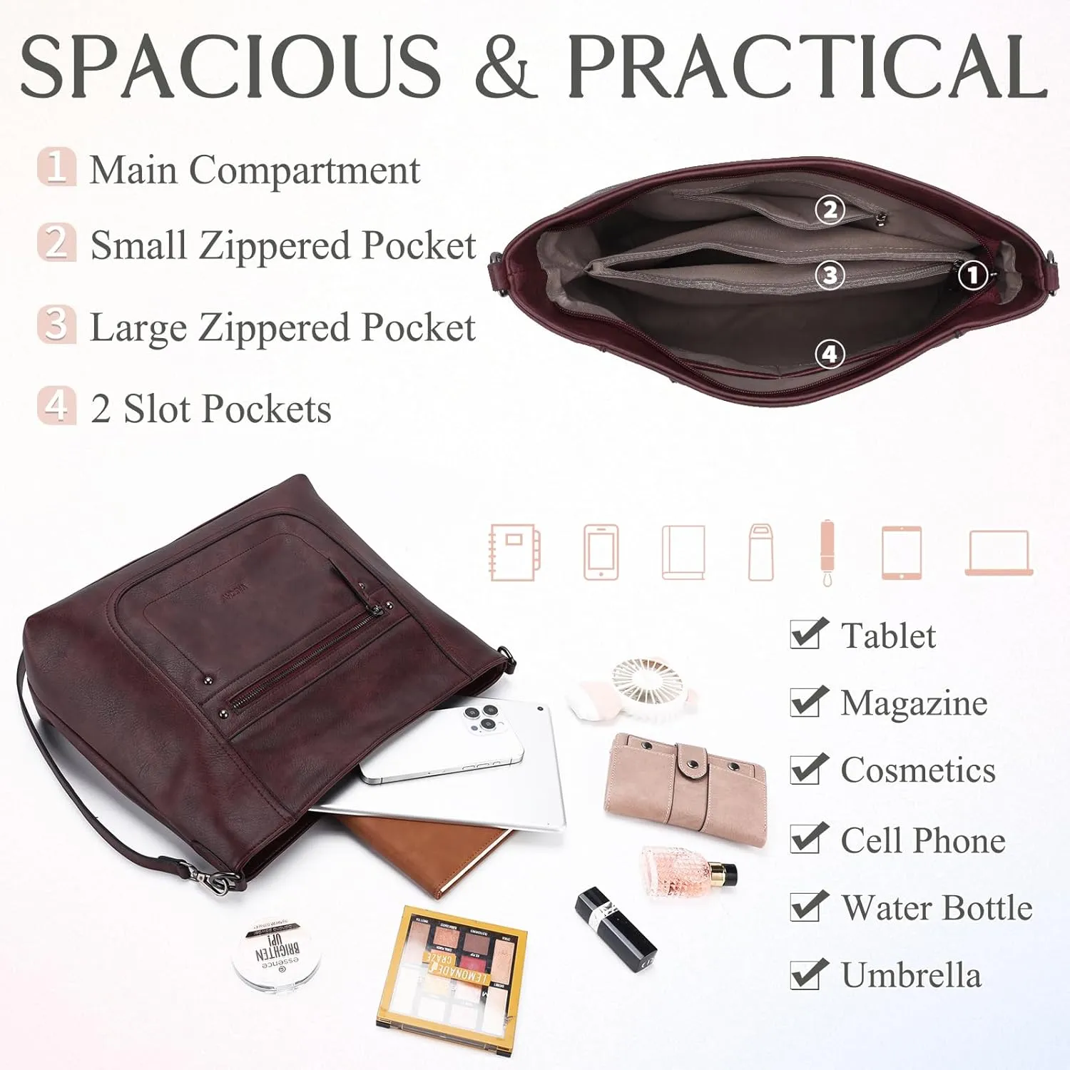 VASCHY Hobo Bags for Women, Vegan Leather Large Handbag Tote Slouchy Shoulder Bag Purse w Convertible Crossbody Strap