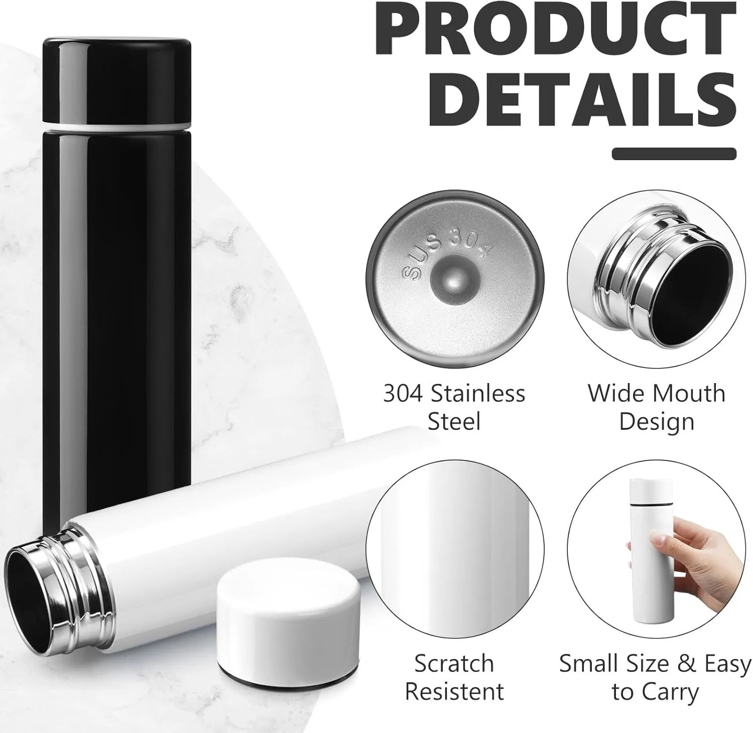 Vesici Mini Water Bottles 4.4 oz Cute Small Insulated Stainless Steel Purse Water Bottles Pocket Slim Flask Keeps Drink Cold and Hot for Women Lunch Bag Coffee(Black, White,2 Pack)