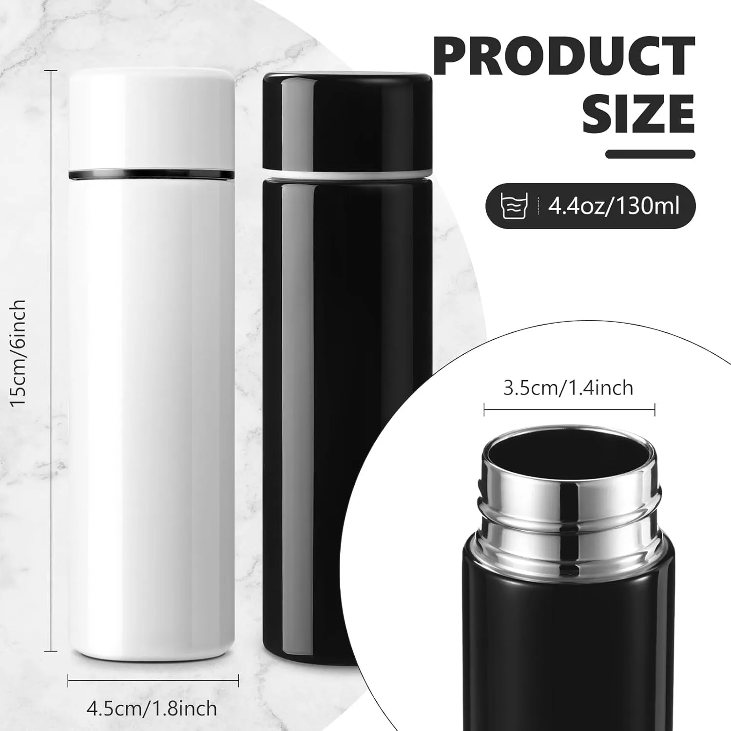 Vesici Mini Water Bottles 4.4 oz Cute Small Insulated Stainless Steel Purse Water Bottles Pocket Slim Flask Keeps Drink Cold and Hot for Women Lunch Bag Coffee(Black, White,2 Pack)