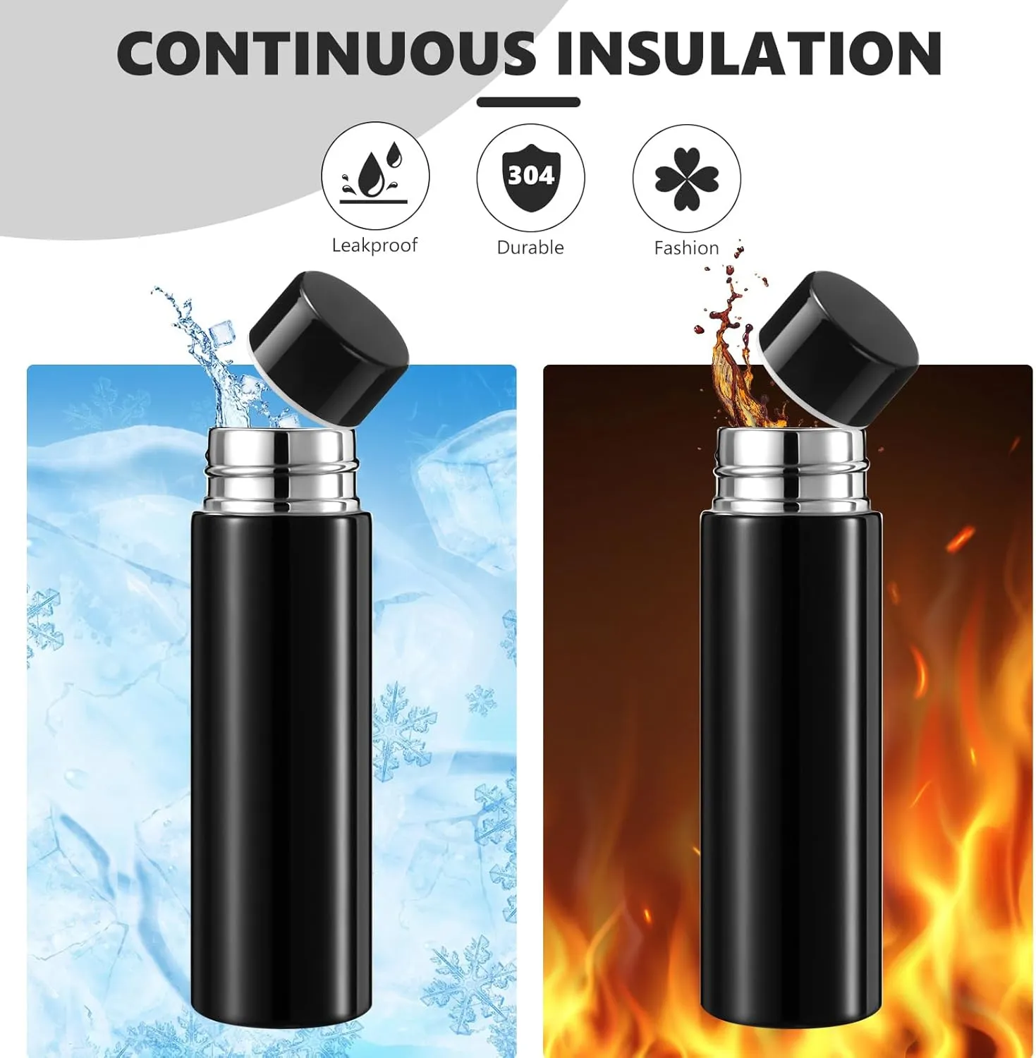 Vesici Mini Water Bottles 4.4 oz Cute Small Insulated Stainless Steel Purse Water Bottles Pocket Slim Flask Keeps Drink Cold and Hot for Women Lunch Bag Coffee(Black,2 Pack)