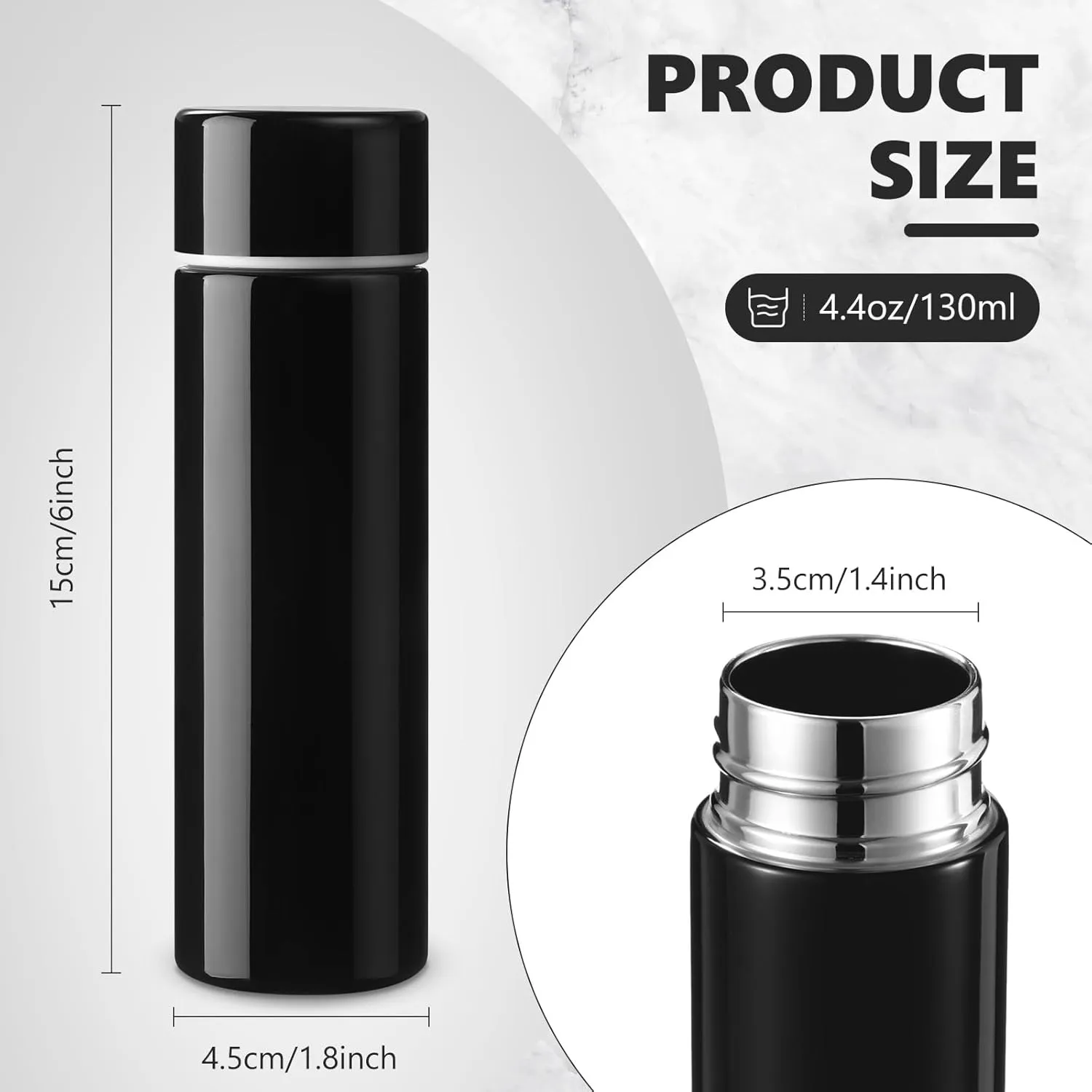 Vesici Mini Water Bottles 4.4 oz Cute Small Insulated Stainless Steel Purse Water Bottles Pocket Slim Flask Keeps Drink Cold and Hot for Women Lunch Bag Coffee(Black,2 Pack)