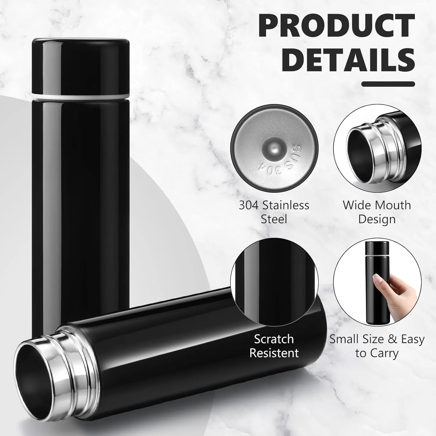 Vesici Mini Water Bottles 4.4 oz Cute Small Insulated Stainless Steel Purse Water Bottles Pocket Slim Flask Keeps Drink Cold and Hot for Women Lunch Bag Coffee(Black,2 Pack)