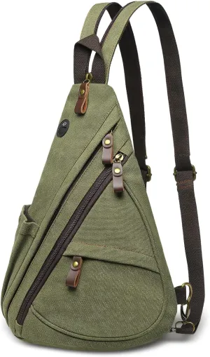 Vintage Canvas Sling Bag with Genuine Leather Zipper, 3 in 1 Crossbody, Backpack, and Chest Bag, for Travel, Hiking, 16x10x6 Inches, Green