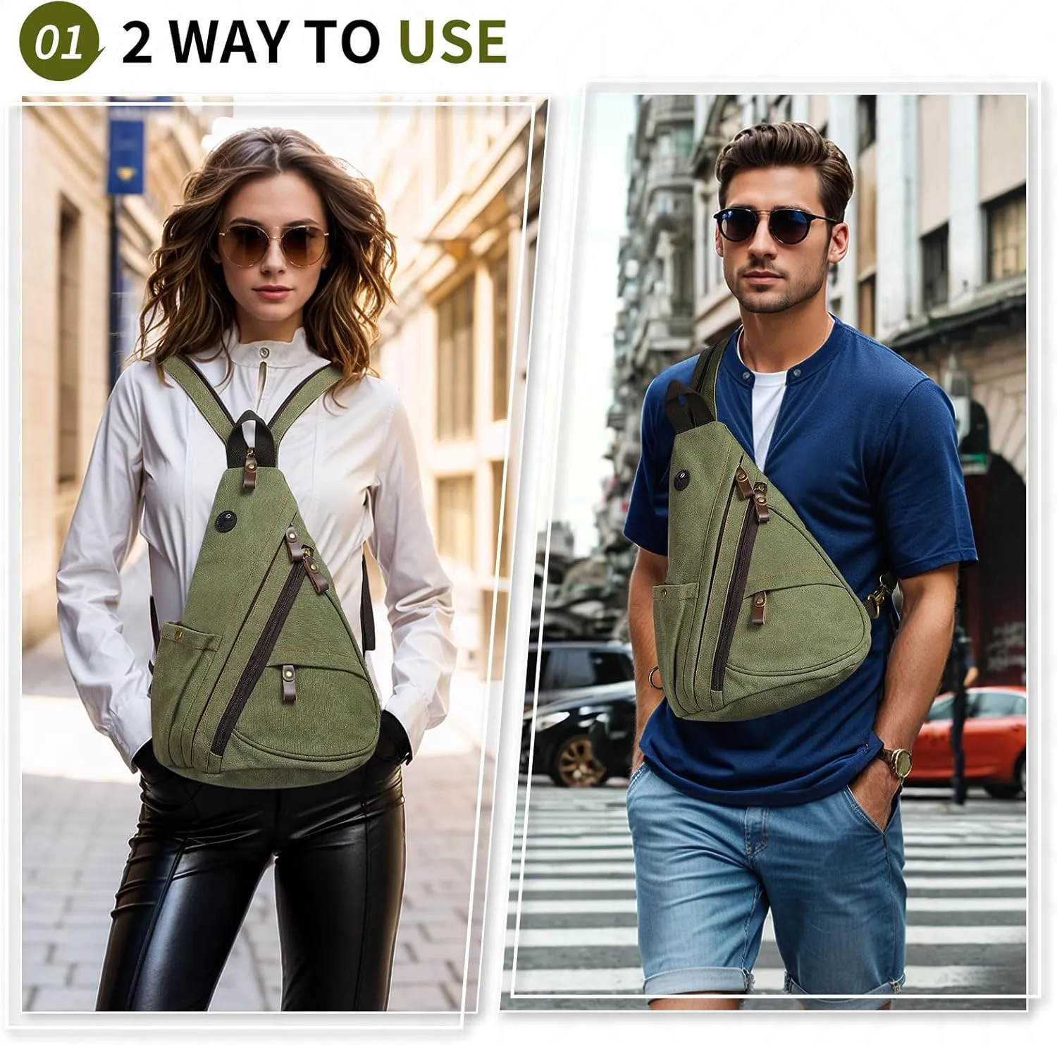 Vintage Canvas Sling Bag with Genuine Leather Zipper, 3 in 1 Crossbody, Backpack, and Chest Bag, for Travel, Hiking, 16x10x6 Inches, Green