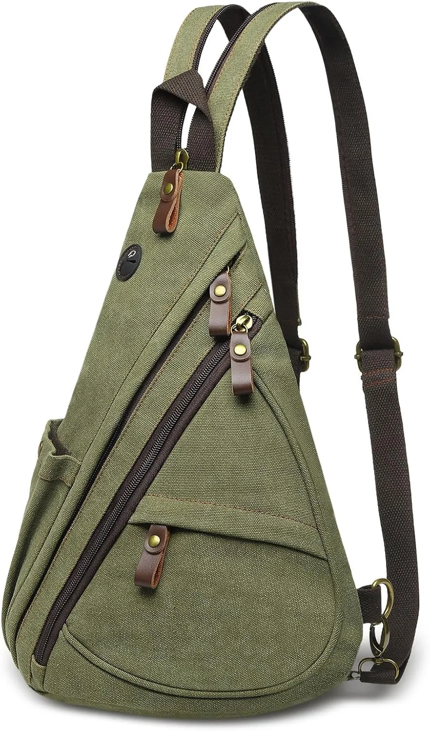 Vintage Canvas Sling Bag with Genuine Leather Zipper, 3 in 1 Crossbody, Backpack, and Chest Bag, for Travel, Hiking, 16x10x6 Inches, Green