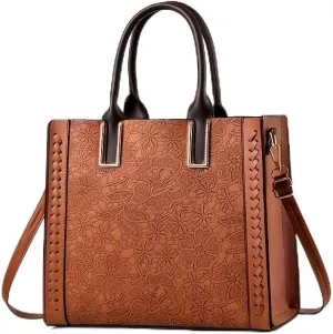Vintage Embossed PU Leather Tote Bag for Women - Large Capacity Work Bag, Professional Office Tote with Durable Polyester Lining, Laptop & File Organizer Handbag for Commute