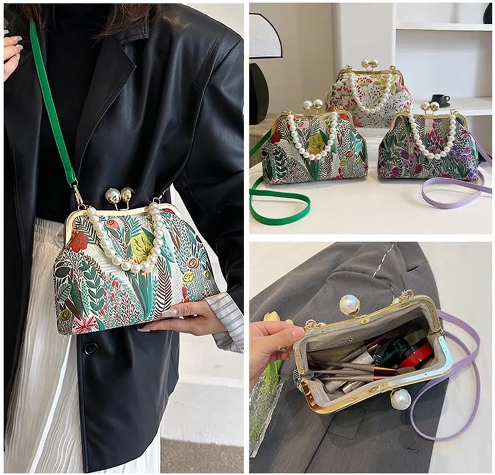 Vintage Embroidered Flower Handbag,Shoulder Chain Messenger Clutch,Chinese Style Embroidery Crossbody Bag Evening Bag (Green)