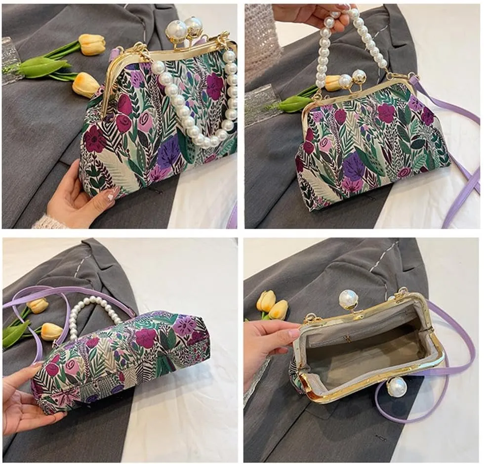 Vintage Embroidered Flower Handbag,Shoulder Chain Messenger Clutch,Chinese Style Embroidery Crossbody Bag Evening Bag (Green)