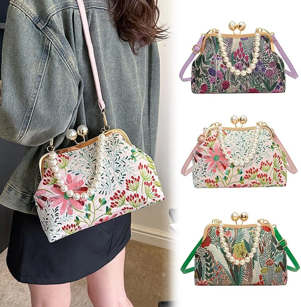 Vintage Embroidered Flower Handbag,Shoulder Chain Messenger Clutch,Chinese Style Embroidery Crossbody Bag Evening Bag (Green)