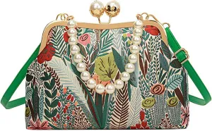 Vintage Embroidered Flower Handbag,Shoulder Chain Messenger Clutch,Chinese Style Embroidery Crossbody Bag Evening Bag (Green)