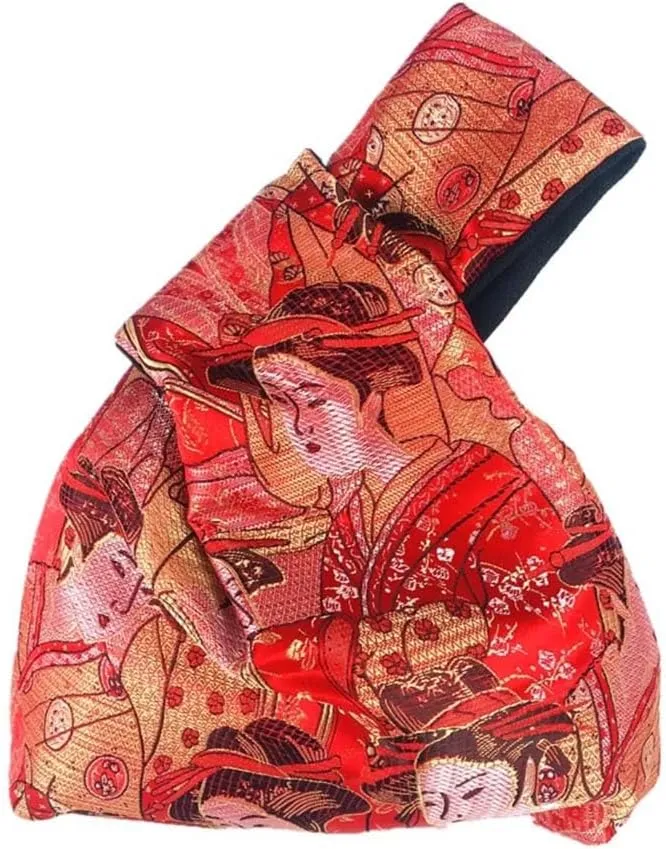 Vintage Japanese Yukata Kimono Crane Handbag Wristlet Bag - Small Coin Tote Handle Bag Knot Pouch for Women
