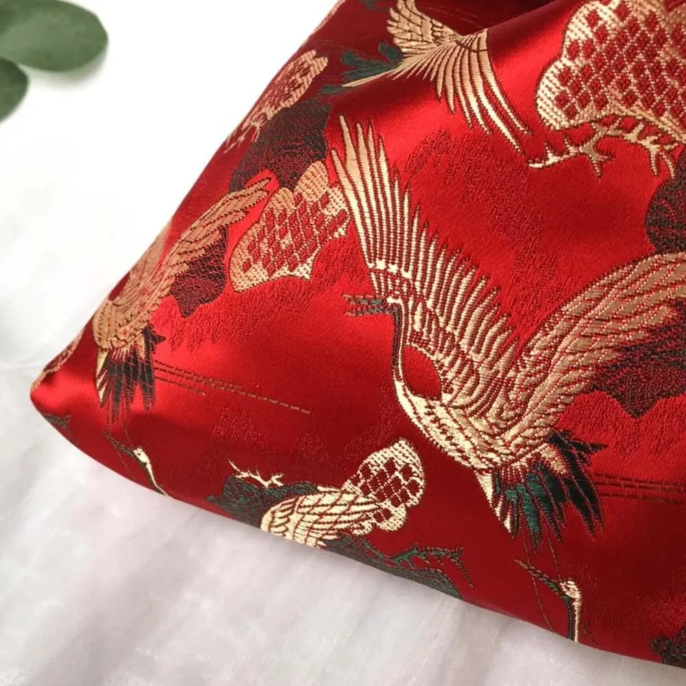 Vintage Japanese Yukata Kimono Crane Handbag Wristlet Bag - Small Coin Tote Handle Bag Knot Pouch for Women