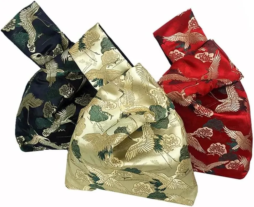 Vintage Japanese Yukata Kimono Crane Handbag Wristlet Bag - Small Coin Tote Handle Bag Knot Pouch for Women
