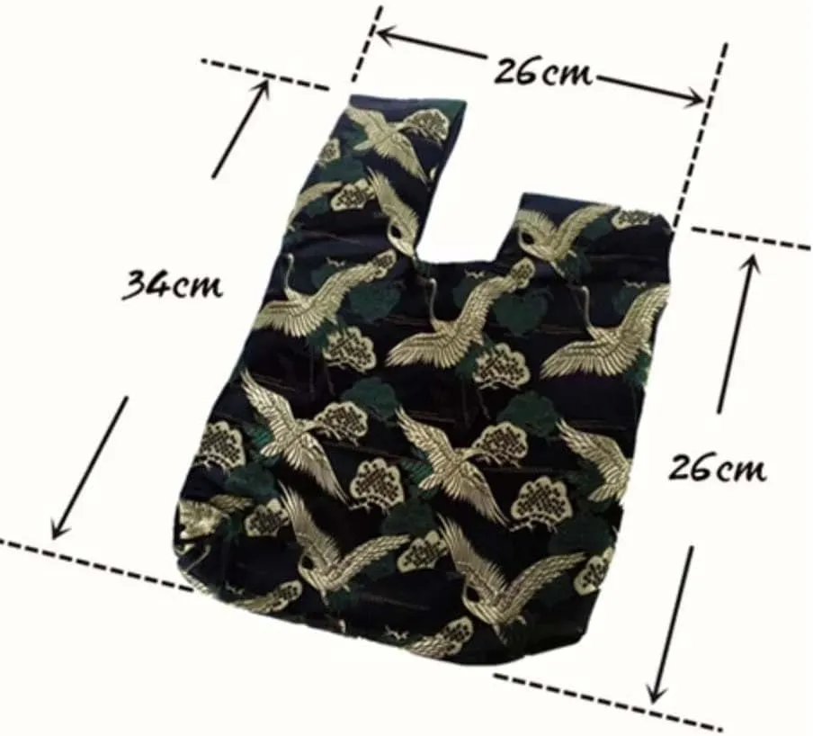 Vintage Japanese Yukata Kimono Crane Handbag Wristlet Bag - Small Coin Tote Handle Bag Knot Pouch for Women