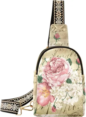 Vintage Rose Floral Leather Crossbody Sling Bag for Women - Chest & Waist Pack