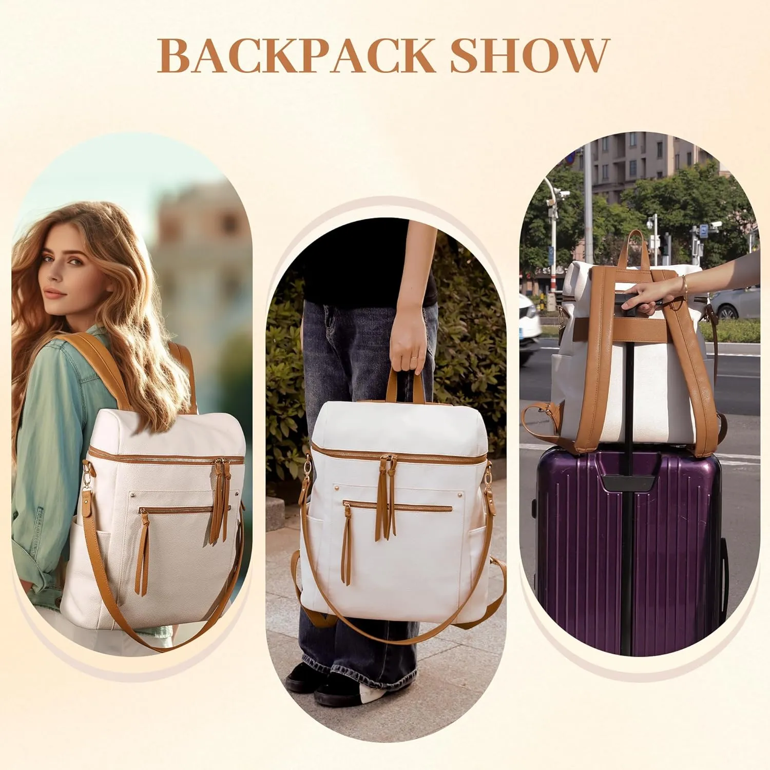 Viva Terry Vegan Leather Womens Backpack Purse Convertible Large Capacity Work Backpack Woman with Multi Compartments and Tassel for Work, Travel, Computer/Laptop-White