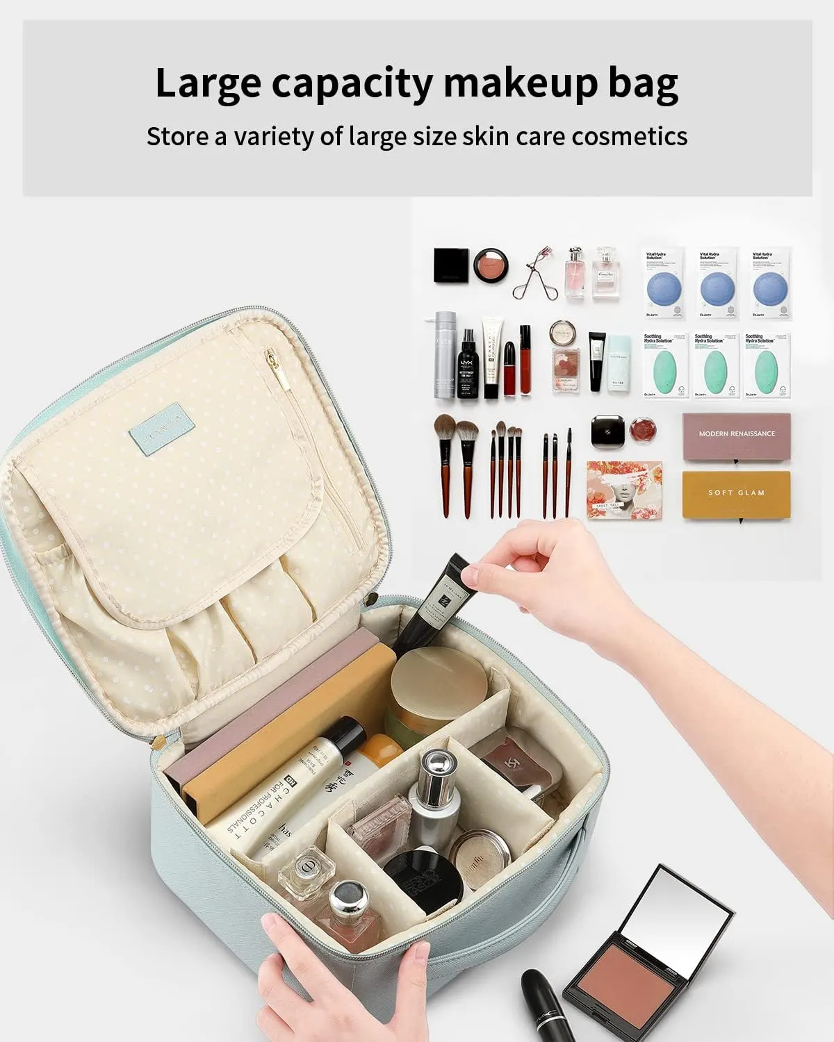Vlando Makeup Bag, Travel Makeup Bags,Large Portable Make Up Bag Organzier with Dividers and Handle Gifts for Women Girls,Traveler,Christmas,Wedding Blue