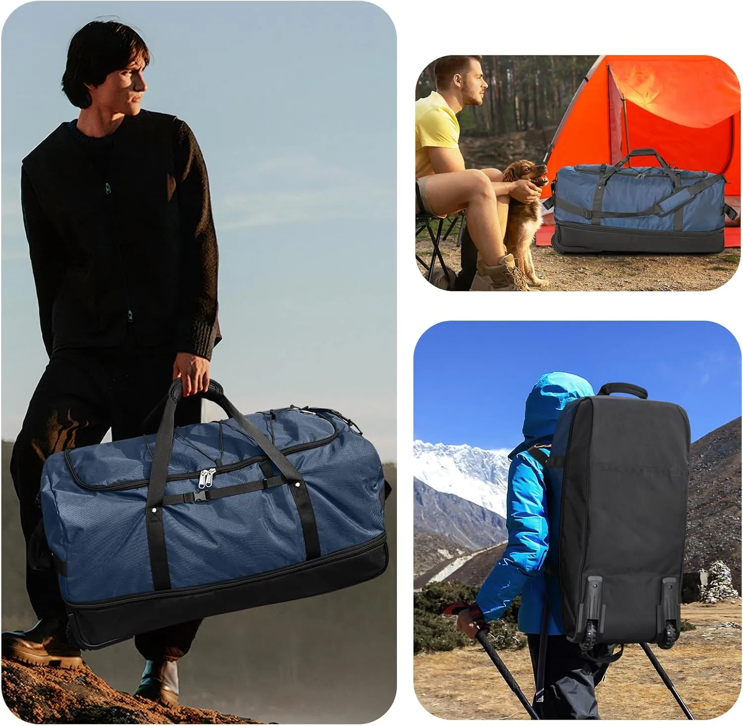 Vomgomfom 32" Soft-Sided Foldable Wheeled Travel Duffel Bag,Expandable 110L to 140L Rolling Cargo Bag with 2 Wheels and Multiple Pockets,Navy