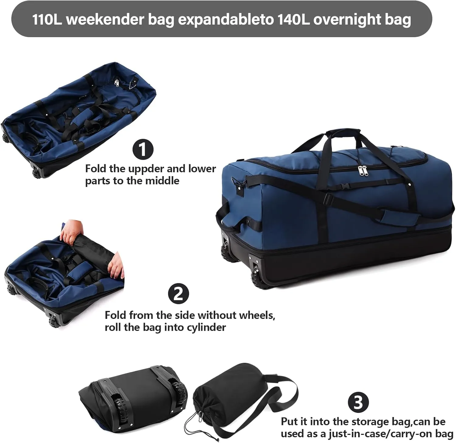 Vomgomfom 32" Soft-Sided Foldable Wheeled Travel Duffel Bag,Expandable 110L to 140L Rolling Cargo Bag with 2 Wheels and Multiple Pockets,Navy