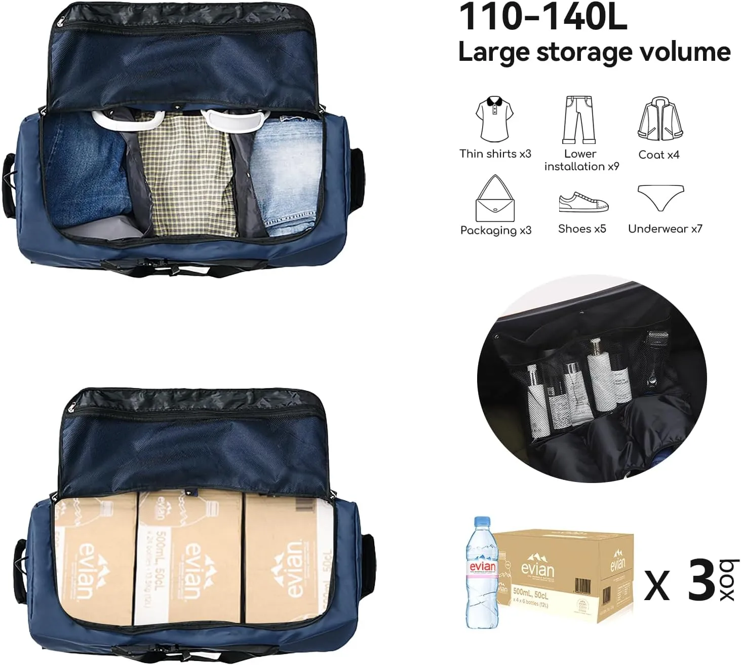 Vomgomfom 32" Soft-Sided Foldable Wheeled Travel Duffel Bag,Expandable 110L to 140L Rolling Cargo Bag with 2 Wheels and Multiple Pockets,Navy