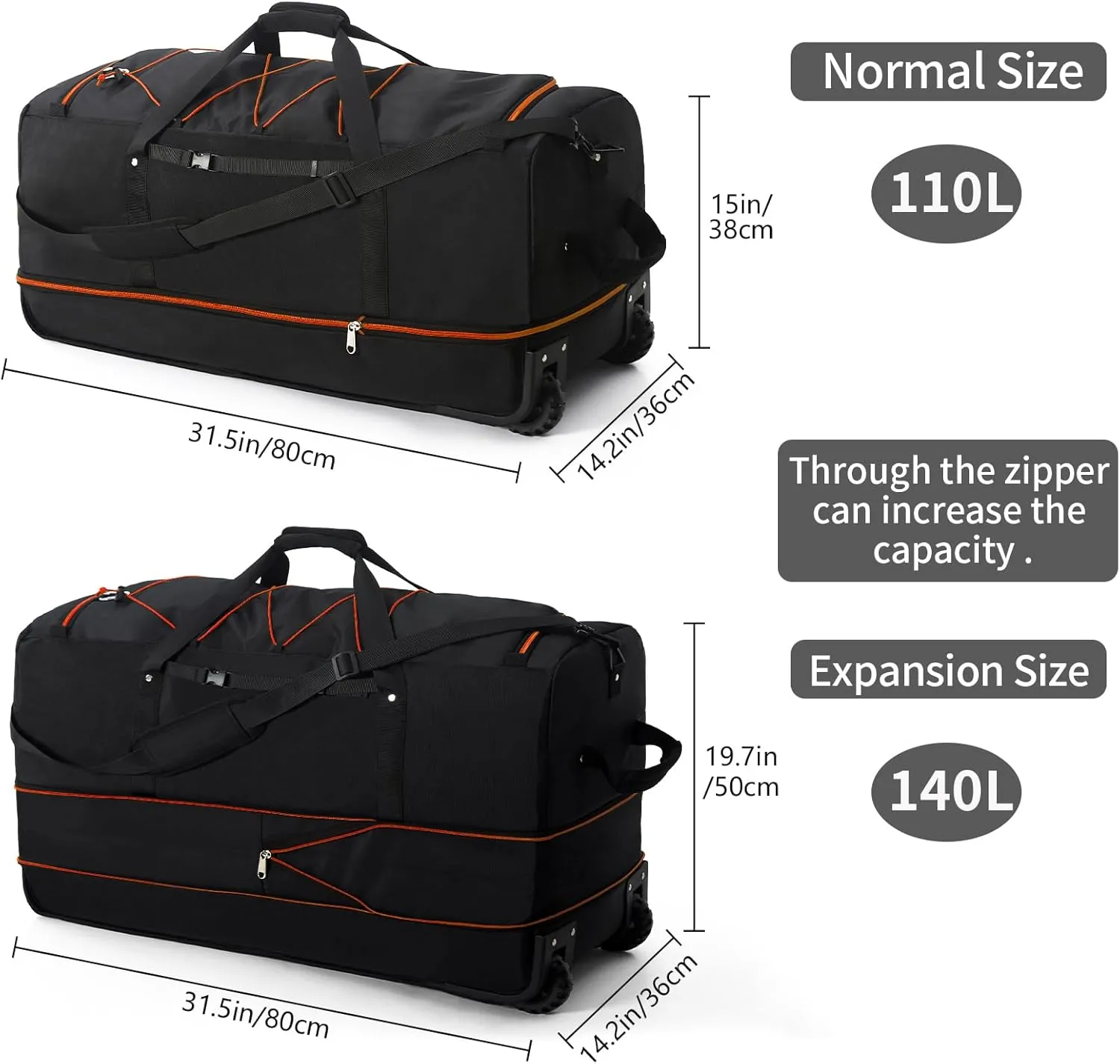Vomgomfom Expandable from 110L to 140L 31.5" Rolling Duffle Bag with 2 Wheels,Foldable Travel Duffel Bag with Large Convertible Compartment Pocket