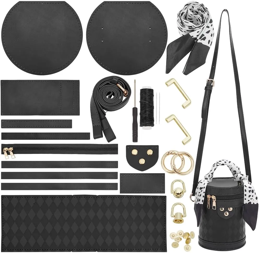WADORN DIY PU Leather Crossbody Bag Making Kit, Shoulder Bucket Bag Making Set for Purse DIY Making Handmade Stitch Leather Bag Making Materials for DIY Handbag Accessories Shoulder Bag Making, Black