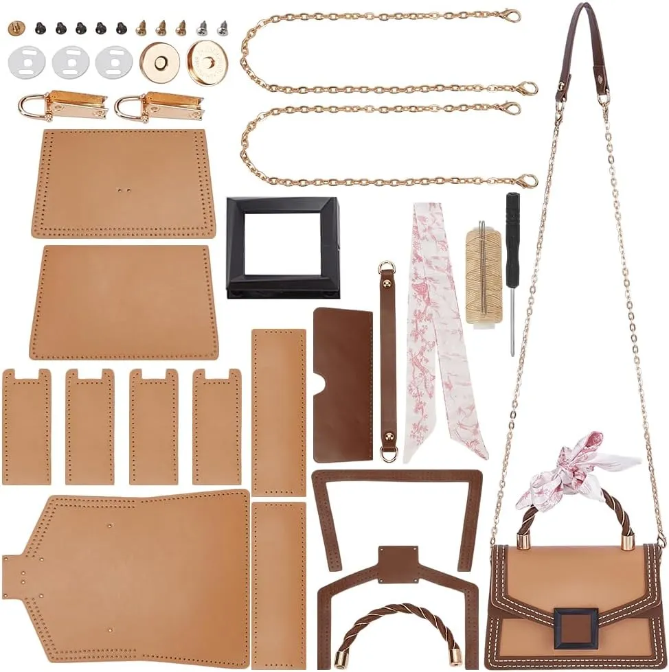 WADORN DIY Women Satchel Crossbody Bag Making Kit, Imitation Leather Handmade Stitch Shoulder Bag Making Set Women Fashion Handbag Material Kit Handmade Craft Bag Making Gift, Brown