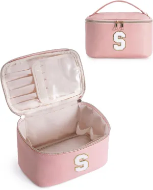 Wandering Nature Initial Makeup Bag, Personalized Travel Make Up Organizer Cosmetic Bags with Brush Holder in Vegan Leather, Gift with Chenille Letter for Moms, Wives, Girlfriend, Besties