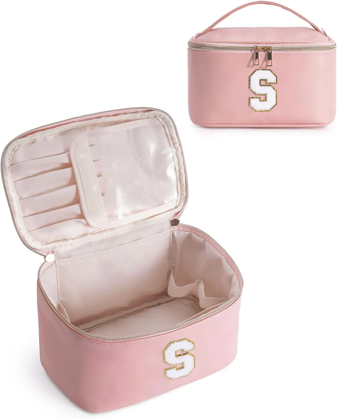 Wandering Nature Initial Makeup Bag, Personalized Travel Make Up Organizer Cosmetic Bags with Brush Holder in Vegan Leather, Gift with Chenille Letter for Moms, Wives, Girlfriend, Besties