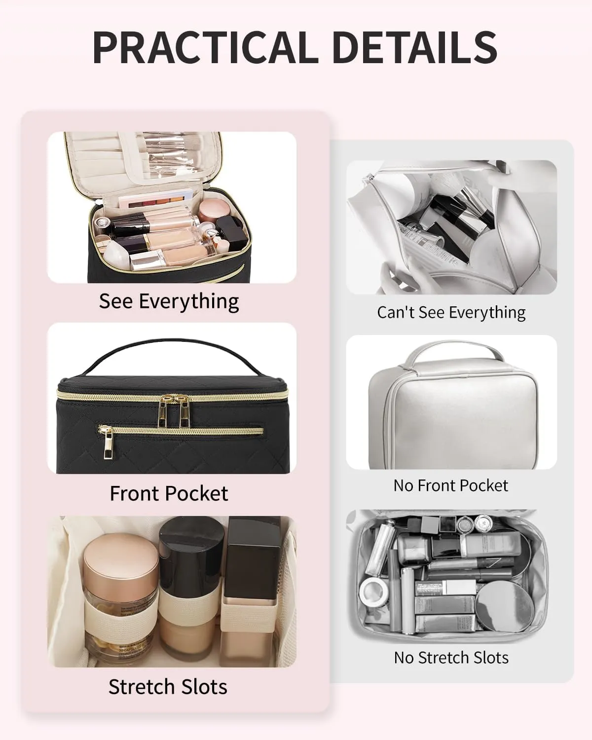 Wandering Nature Makeup Bag, Travel Make Up Organizer Cosmetic Brush Bags Case for Women in Quilted Fabric, Black, Patent Pending
