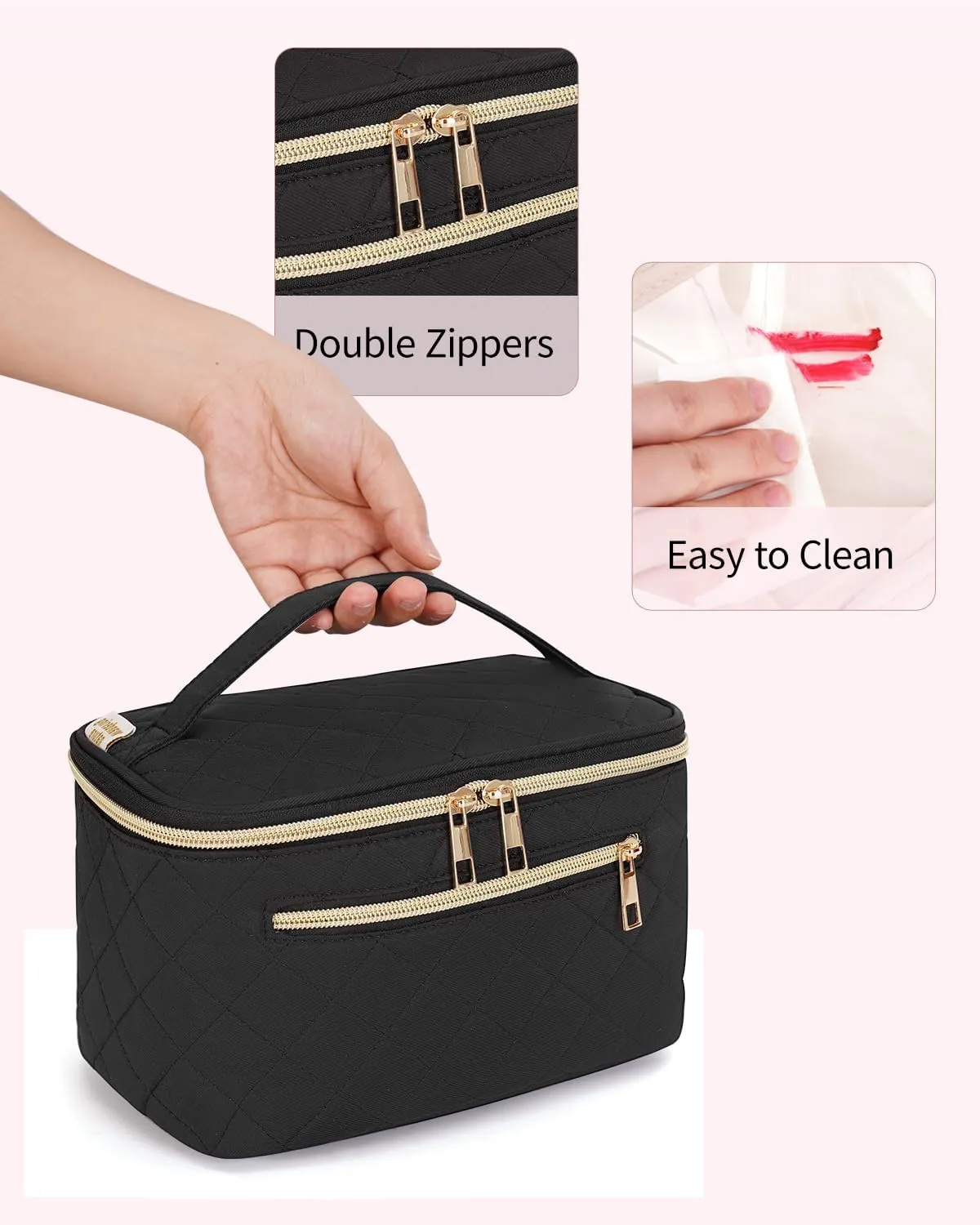 Wandering Nature Makeup Bag, Travel Make Up Organizer Cosmetic Brush Bags Case for Women in Quilted Fabric, Black, Patent Pending