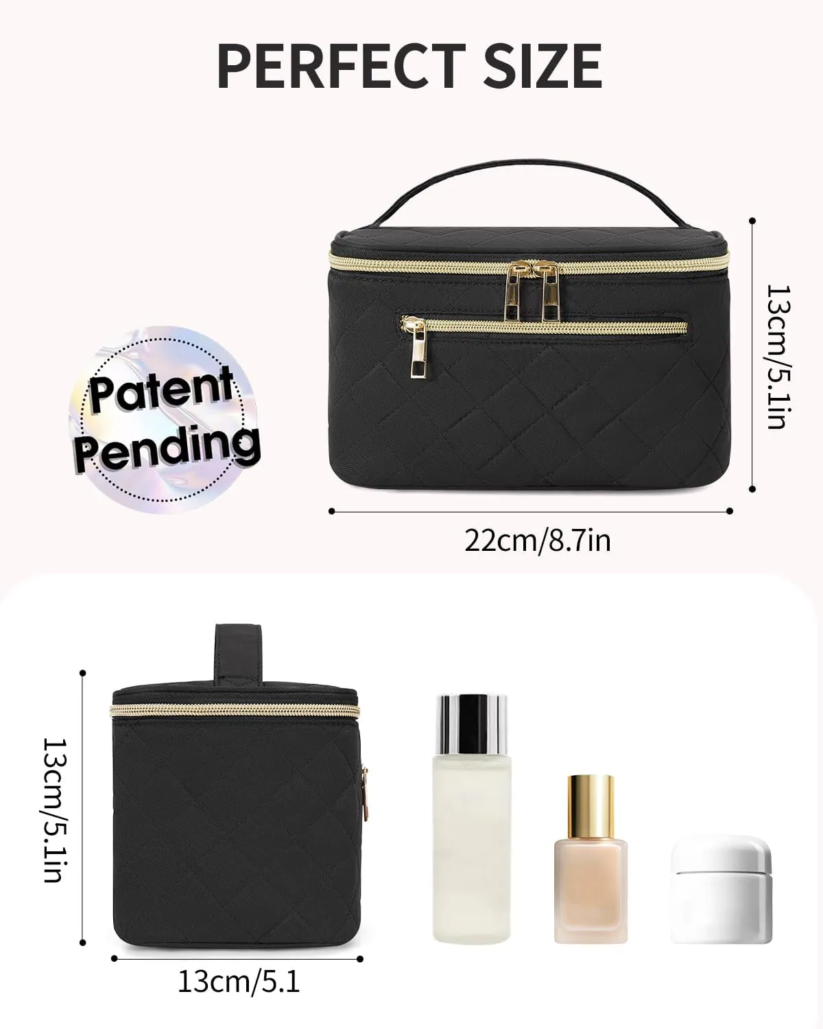 Wandering Nature Makeup Bag, Travel Make Up Organizer Cosmetic Brush Bags Case for Women in Quilted Fabric, Black, Patent Pending