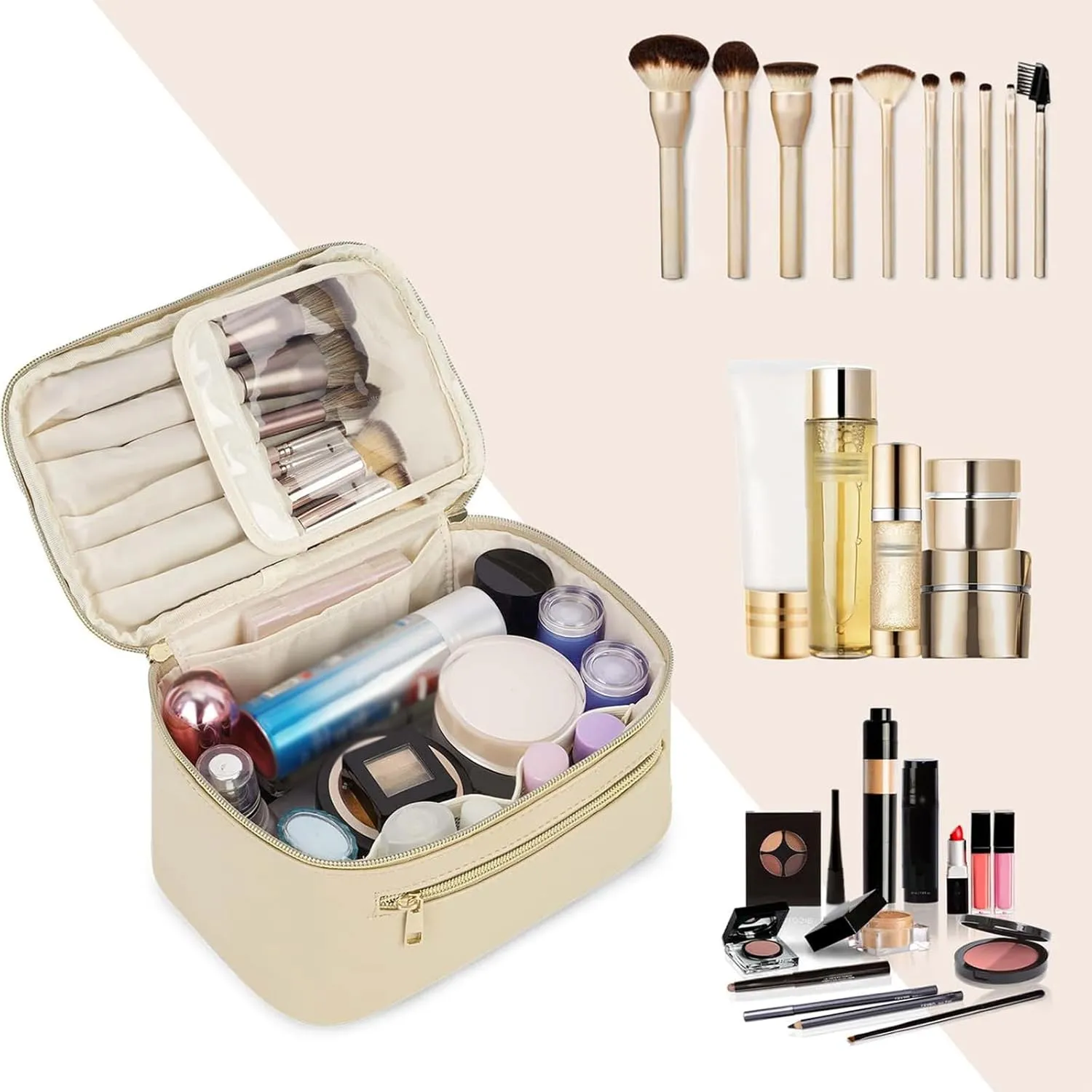 Wandering Nature Makeup Bag, Travel Make Up Organizer Cosmetic Brush Bags Case for Women in Vegan Leather, Beige,Patent Pending