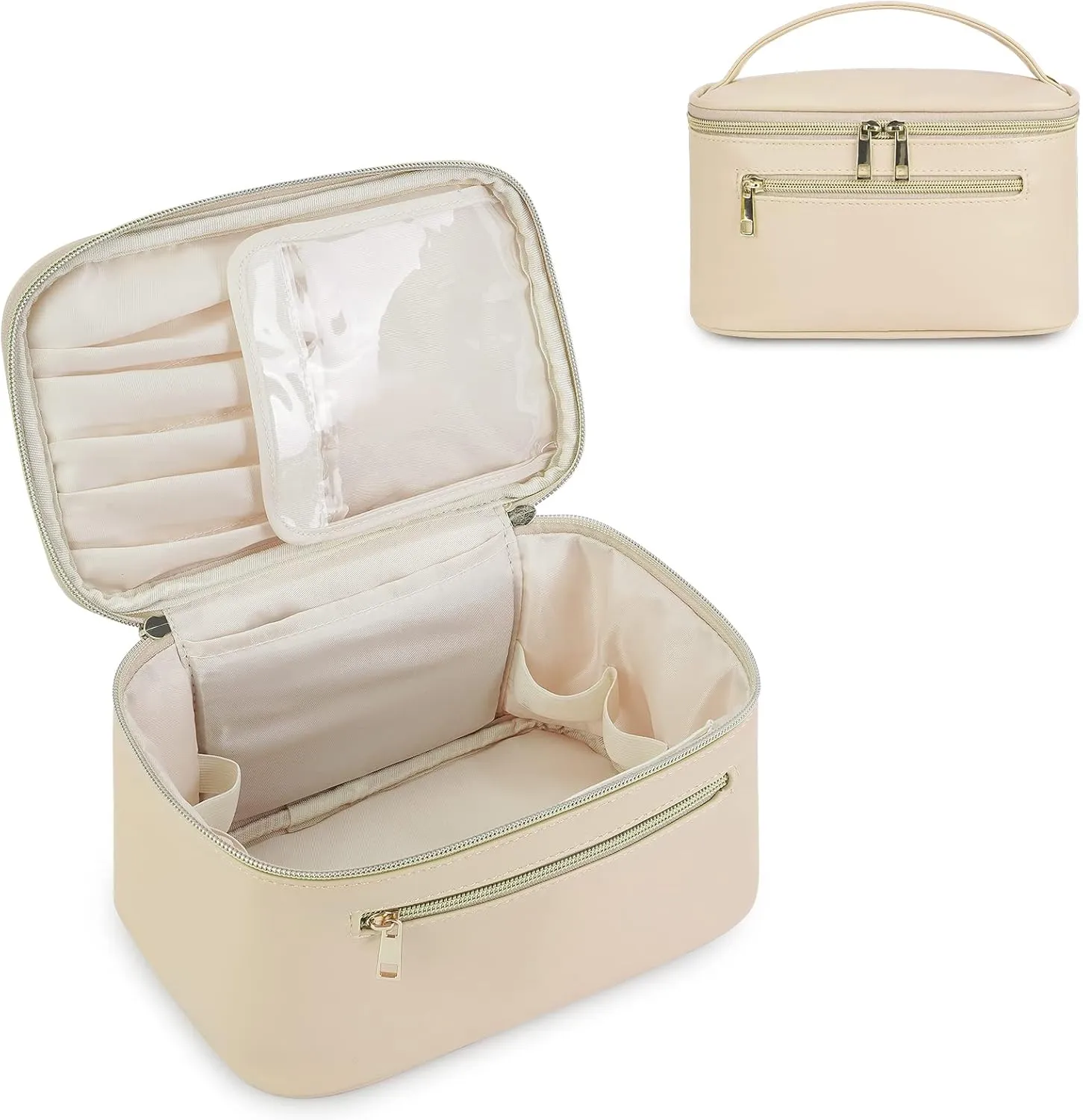 Wandering Nature Makeup Bag, Travel Make Up Organizer Cosmetic Brush Bags Case for Women in Vegan Leather, Beige,Patent Pending