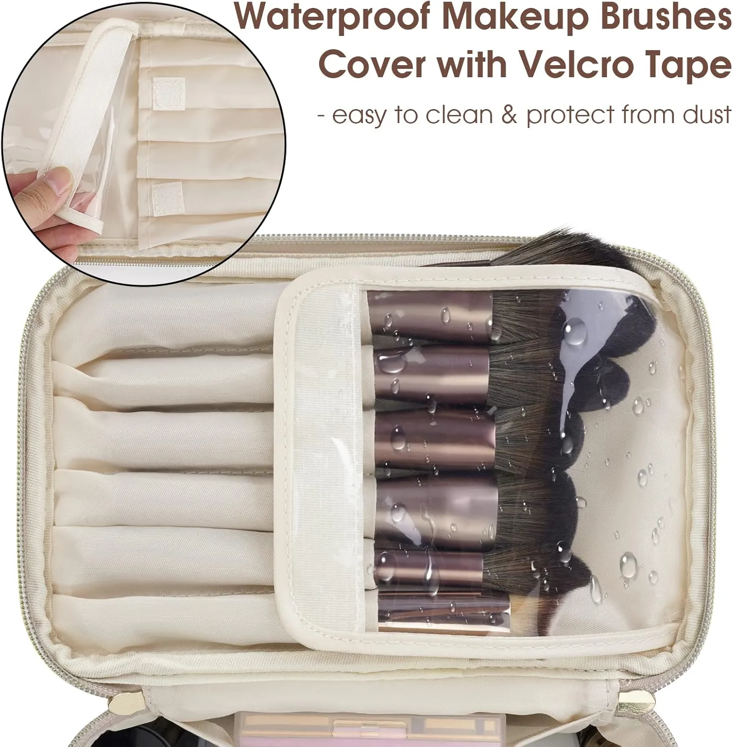 Wandering Nature Makeup Bag, Travel Make Up Organizer Cosmetic Brush Bags Case for Women in Vegan Leather, Beige,Patent Pending